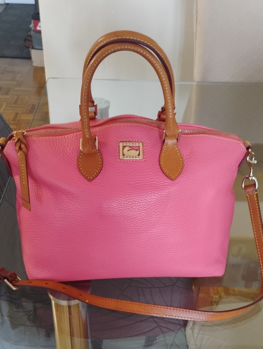Dooney & Bourke Pink Leather Satchel with Tan Trim and Strap